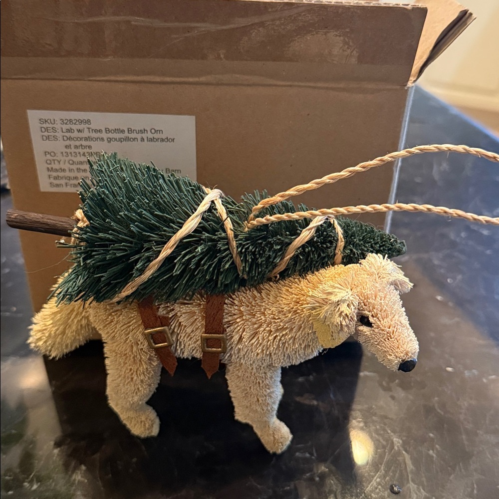 Pottery Barn Lab with Christmas Tree Bottle Brush Ornament